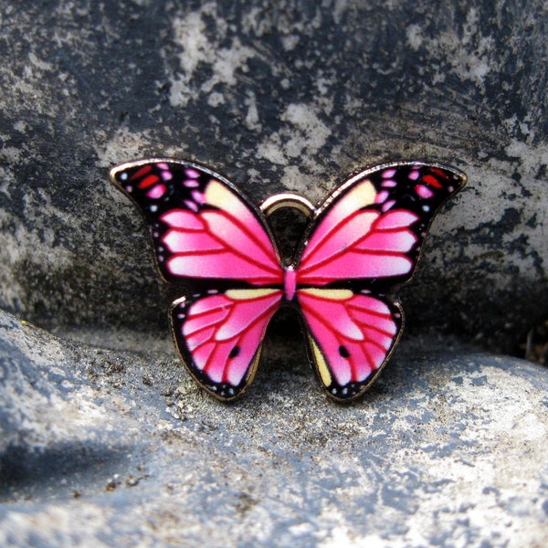 4 Pink Black and Yellow Butterfly Charms - C3487