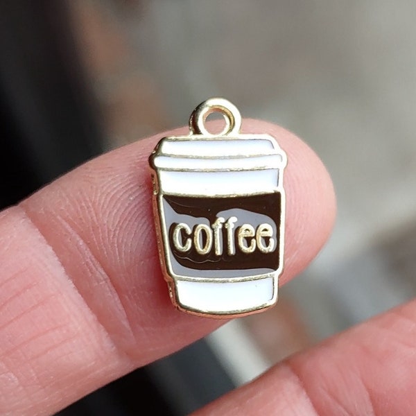 5 Coffee Charms in brown and white and gold tone backing - C3875