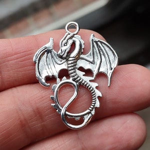 4 Dragon Pendants Charms in Silver Tone - C3874