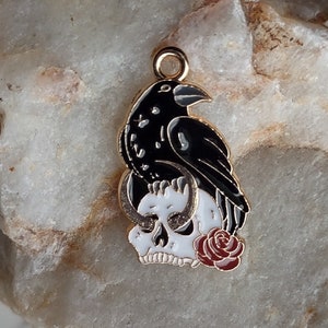 4 black crow bird charms pendants with skull and rose - C3861