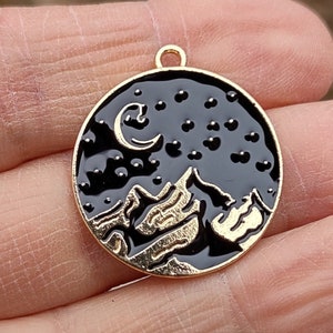 4 Moon Mountains Stars Nature enamel pendants -in black and gold tone - C3742
