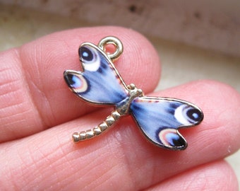 4 Dragonfly Charms in Gray Black and Gold - C3443
