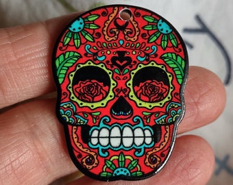 2 Larger Red Sugar Skull Pendants Charms in Acrylic - C3966