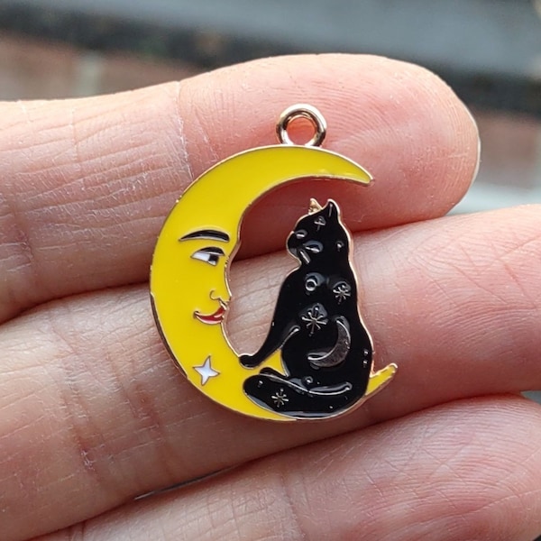 4 Enamel Black Cat Yellow Moon Pendants Charms with gold tone backing - C4072