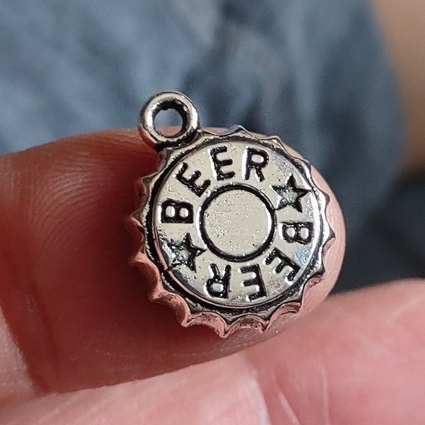 10 Beer Bottle Cap Charms in Silver Tone - C3981