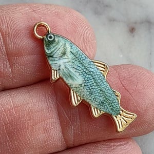 4 Green Fish Charms with Gold Tone Backing - C4339