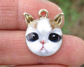 4 Round Brown and White Cat Charms - C3091