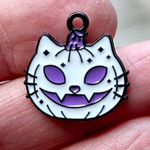 4 White Purple and Black Cat Pumpkin Charms - C3839