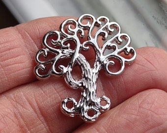 4 Tree of Life Charms Pendants Connectors in Silver Tone with Swirls - C4077