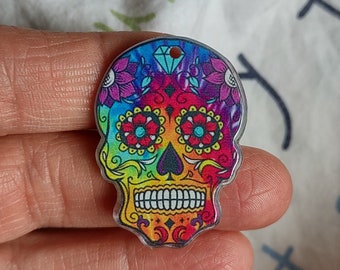 2 Rainbow Sugar Skull Pendants Charms in Acrylic - C3968