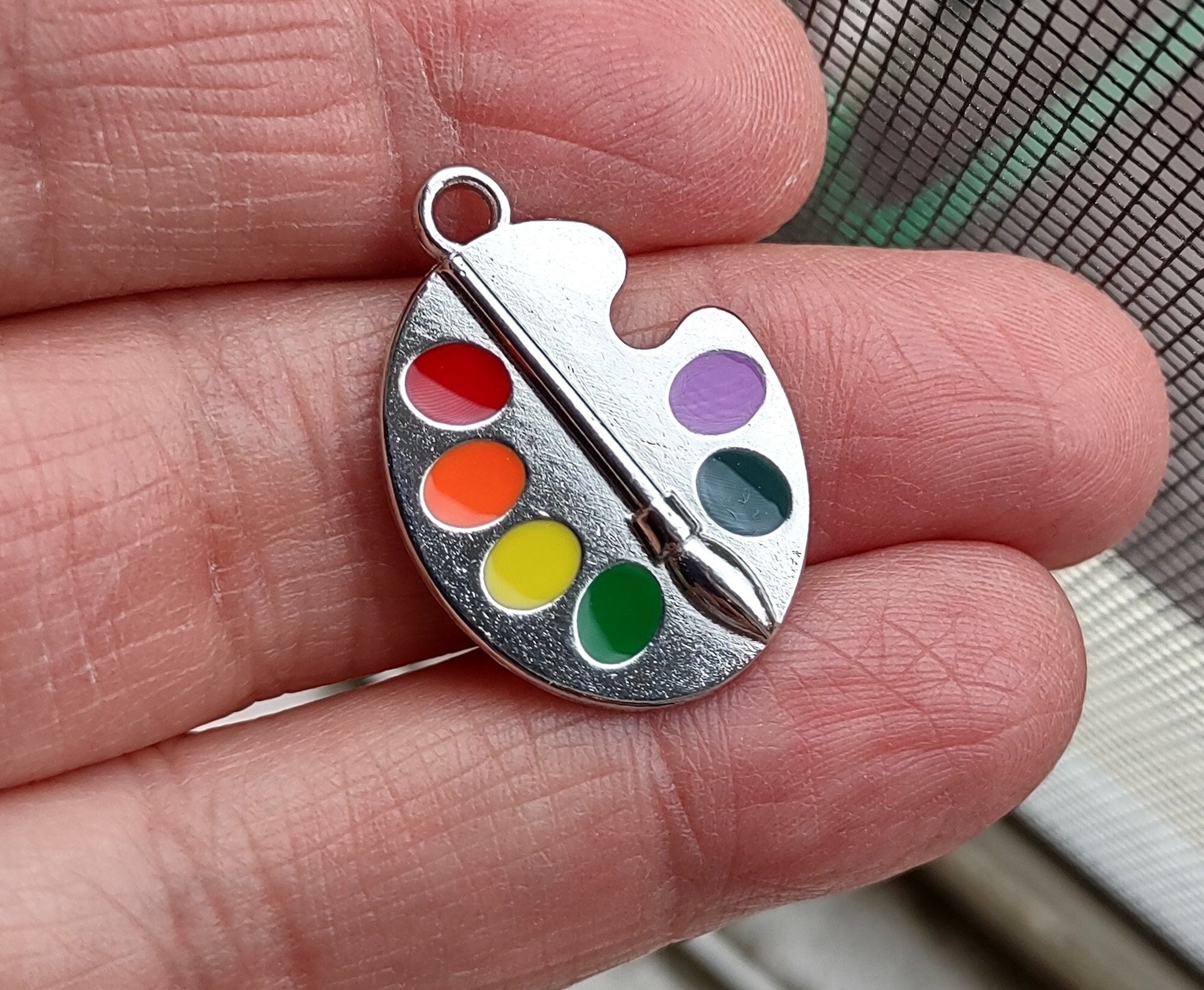 Sterling Silver Oxidized Enamel Artist Paint Palette and Brush