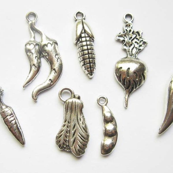 Collection of 7 Vegetable Charms in Silver Tone - C1986