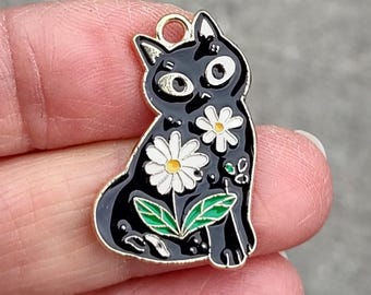 2 Enamel Black Cat Daisy Flowers Pendants - C3773