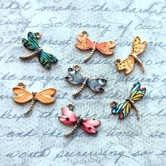 Dragonfly Charm Collection in multicolor enamel with gold tone backing - C2661
