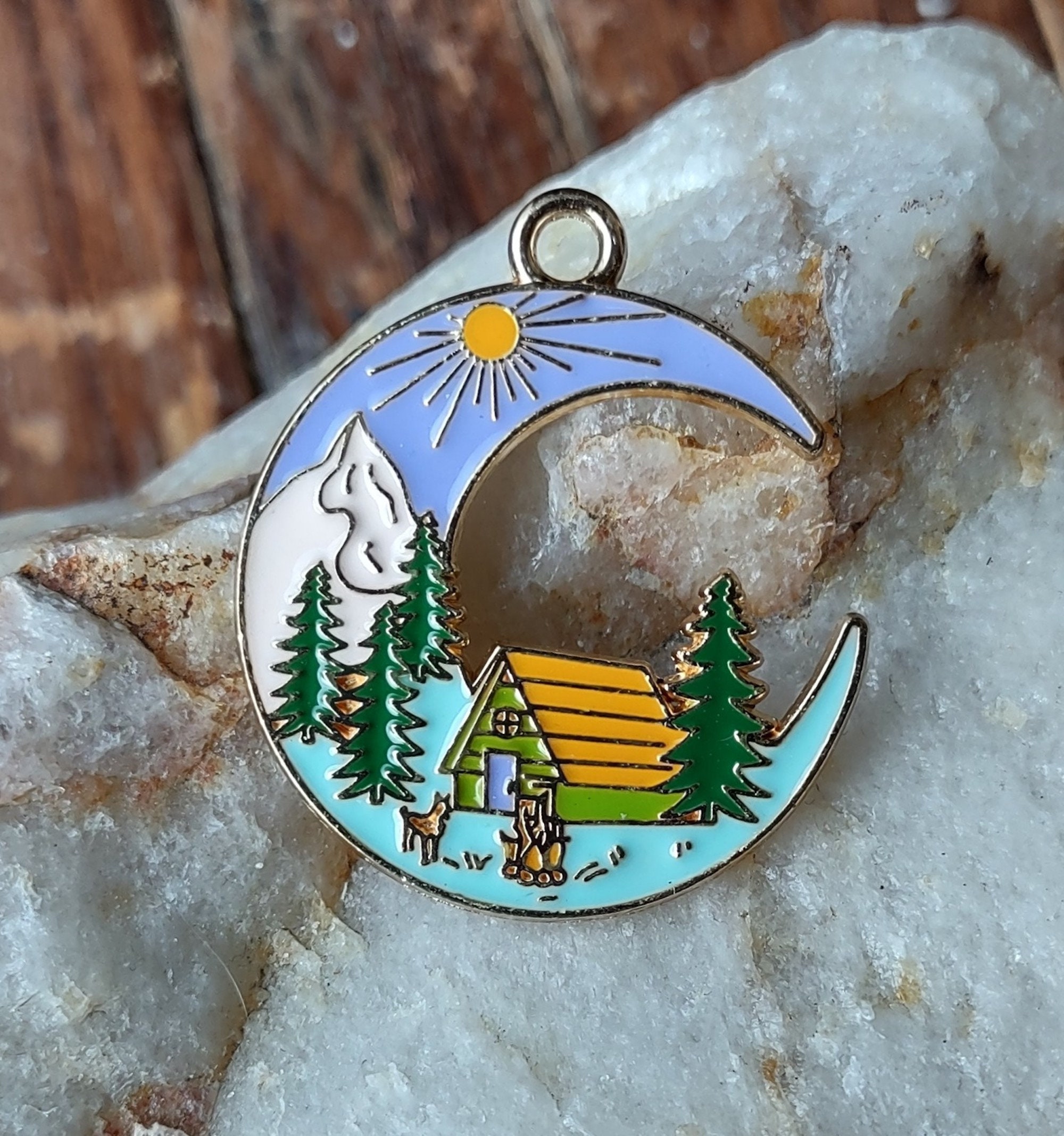 2 Moon Mountains Pine Trees Cabin Nature Enamel Pendants