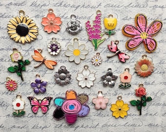 May include: Assortment of colorful metal charms featuring floral, butterfly, and geometric designs. The charms are perfect for adding a touch of whimsy to jewelry, crafts, and other projects.