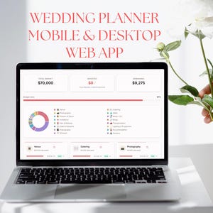 May include: A laptop screen showing a wedding planner web app interface. The display includes budget information, such as total budget, invested amount, and remaining funds. The app features a pie chart and category breakdowns. Text at the top reads "WEDDING PLANNER MOBILE & DESKTOP WEB APP."