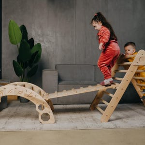 Wooden Climbing Toy for Kids 3 in 1, Baby Gym Sets, Foldable triangle + Climbing Arch + Ramp + slide, Montessori climber
