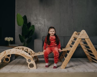 Montessori Wooden Play Set 3in1: Toddler slide + Climbing arch & Pillow + Montessori triangle,  Montessori climber playground, Toddler gifts
