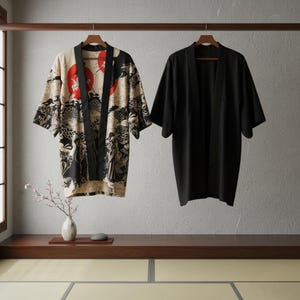 Modern Haori Kimono Jacket – Unisex Japanese Streetwear Style – Lightweight, Flowy Beach Cardigan – Samurai & Geometric Pattern – One Size
