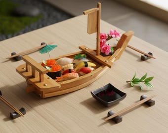 Vassoio da portata in legno a forma di barca per sushi – Piatto giapponese per sashimi, piatto per sushi in bambù, stoviglie asiatiche, piatto da esposizione per ristoranti