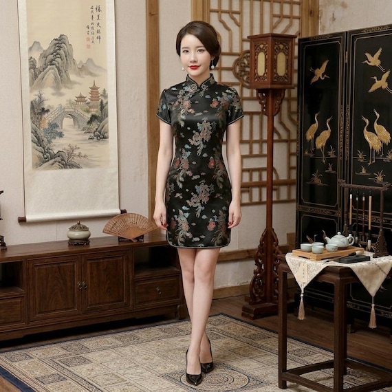 dragon satin dress Vintage Black and Gold Dragon Satin Jacquard Fitted Dress Selected by Picky Jane