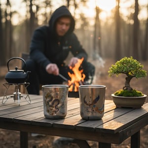 Peut inclure: Deux gobelets de camping en acier inoxydable avec des motifs d'inspiration asiatique sur une table en bois. L'un des gobelets représente un dragon, l'autre un phénix. Un petit bonsaï et une bouilloire de camping sont également sur la table.