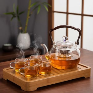 Peut inclure: Un service à thé en verre avec une théière transparente, quatre petites tasses et un plateau en bambou. La théière a une poignée marron et un infuseur en verre. Le thé est ambré, et de la vapeur s'élève des tasses et de la théière.