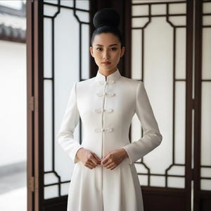 Peut inclure: Un costume blanc à manches longues avec un col mandarin et des fermetures décoratives en forme de grenouille. La personne porte ses cheveux en chignon. L'arrière-plan présente une porte en bois traditionnelle.