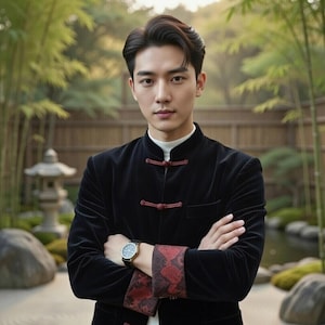 Chinese Tang Style Jacket Stand Collar Gold Frog Button Coat Men