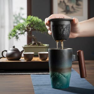 Peut inclure: Une tasse à thé en céramique avec une poignée en bois est remplie de thé provenant d'un infuseur à thé noir. La tasse présente un dégradé de noir, de marron et de vert d'eau. Un service à thé et un bonsaï sont en arrière-plan.