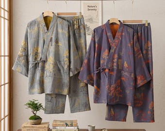 Men Kimono Pajama Set Cotton Loungewear Japanese Style Homewear Spring Fall