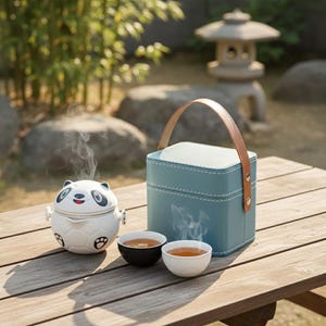 Peut inclure: Une théière blanche en forme de panda avec de la vapeur qui s'élève, un récipient à thé bleu sarcelle avec une poignée marron et deux tasses à thé sur une table en bois. L'ensemble à thé est à l'extérieur avec une lanterne en pierre et du bambou en arrière-plan.