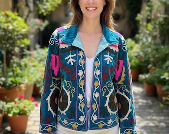 Handmade Suzani Velvet Jacket, Embroidered Boho Coat