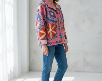 Handmade Suzani Embroidered Velvet Jacket, Boho Winter Coat