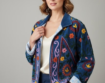 Handmade Suzani Velvet Jacket, Embroidered Floral Coat, Boho Winter Wear