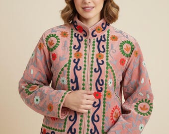 Handmade Suzani Embroidered Velvet Jacket, Boho Winter Coat