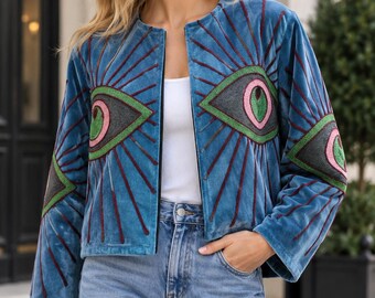 Handmade Suzani Velvet Jacket, Embroidered Boho Coat, Gift For Her