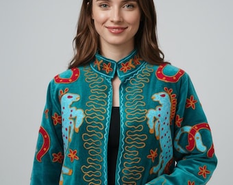 Handmade Suzani Velvet Jacket, Embroidered Floral Boho Coat