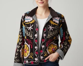 Handmade Suzani Velvet Jacket, Embroidered Floral Coat, Boho Ethnic Style