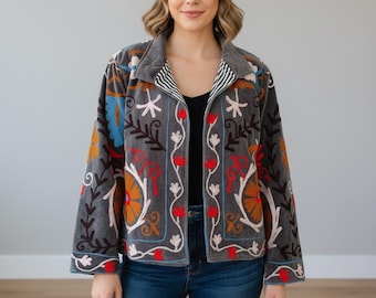 Handmade Suzani Embroidered Velvet Jacket, Boho Winter Coat