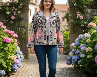 Handmade Suzani Velvet Jacket, Embroidered Boho Coat, Gift For Her