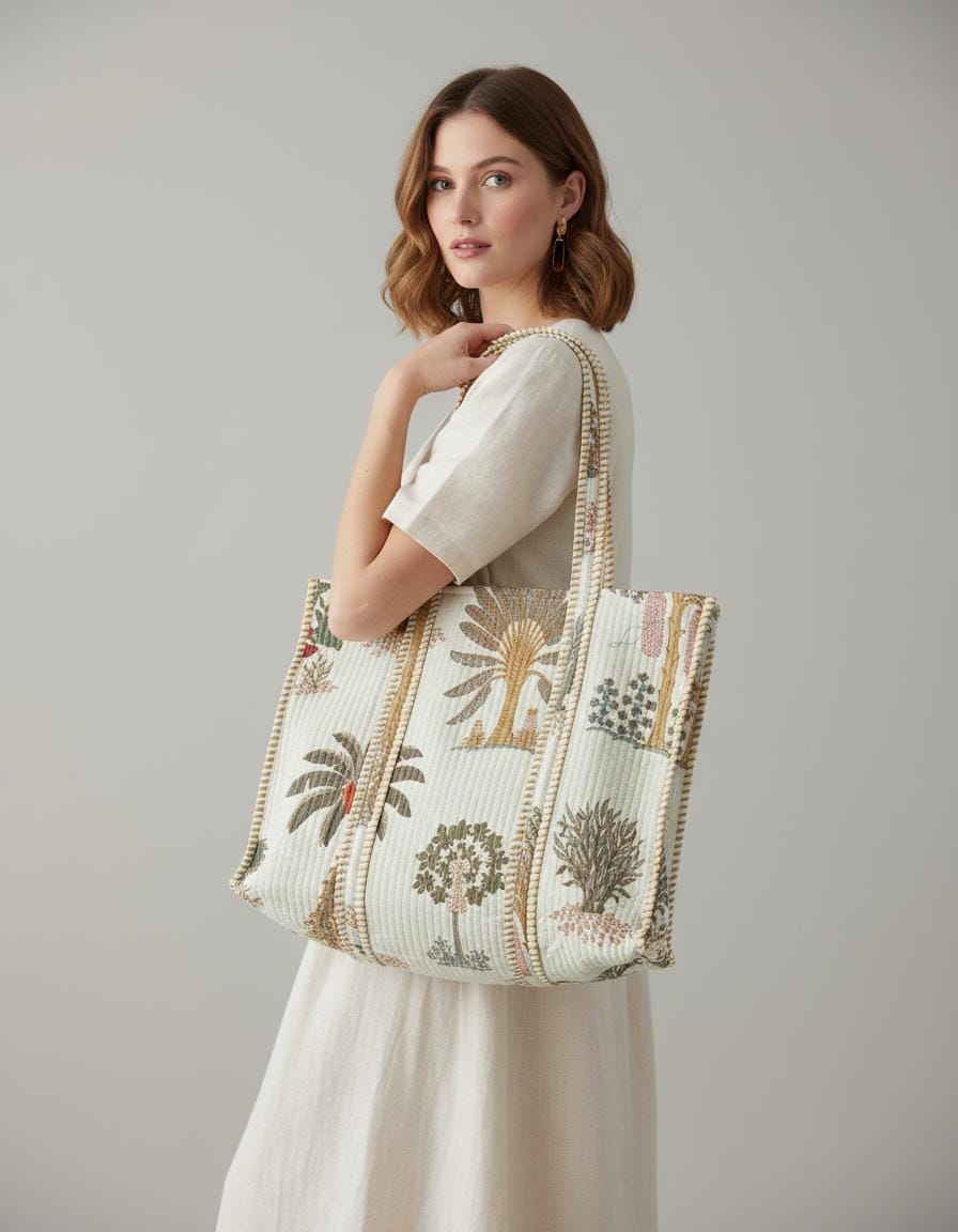Quilted Cotton Tote Bag: Indian Block Print Market Bag