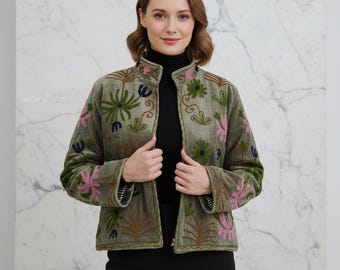 Handmade Suzani Velvet Jacket, Embroidered Floral Boho Coat