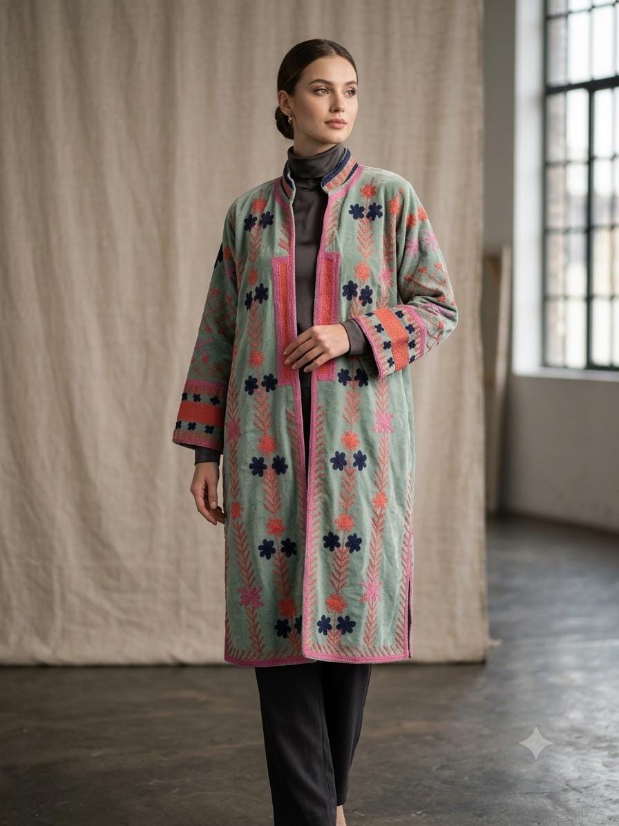 Handmade Kashmiri Embroidered Wool Coat Ethnic Floral Winter Jacket