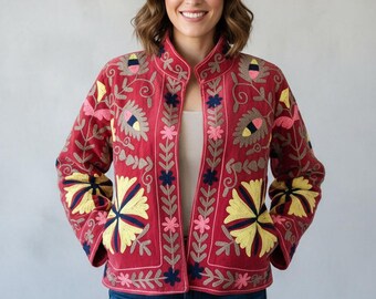 Handmade Suzani Embroidery Velvet Jacket, Boho Winter Coat