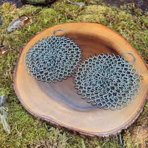 May include: Two circular, chainmail-style earrings with small metal rings for attachment. The earrings are silver-colored and sit on a round, wooden slice. The background features green moss and a few feathers.