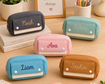 Personalisiertes Federmäppchen für Kinder, besticktes Canvas-Etui mit individuellem Namen, große Schultasche, Geschenk zum Schulanfang