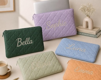 Personalisierte, rautenförmig gesteppte Laptoptasche, Laptop-Hülle mit individueller Namensstickerei, weich gepolsterte Laptop-Hülle mit Reißverschluss, ästhetisches Geschenk für Sie