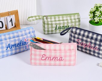 Personalisiertes Federmäppchen, Federmäppchen mit Karomuster und individuellem Namen, Federmäppchen mit Monogramm, Geschenk zum Schulanfang, Geschenk zur Wertschätzung von Lehrern
